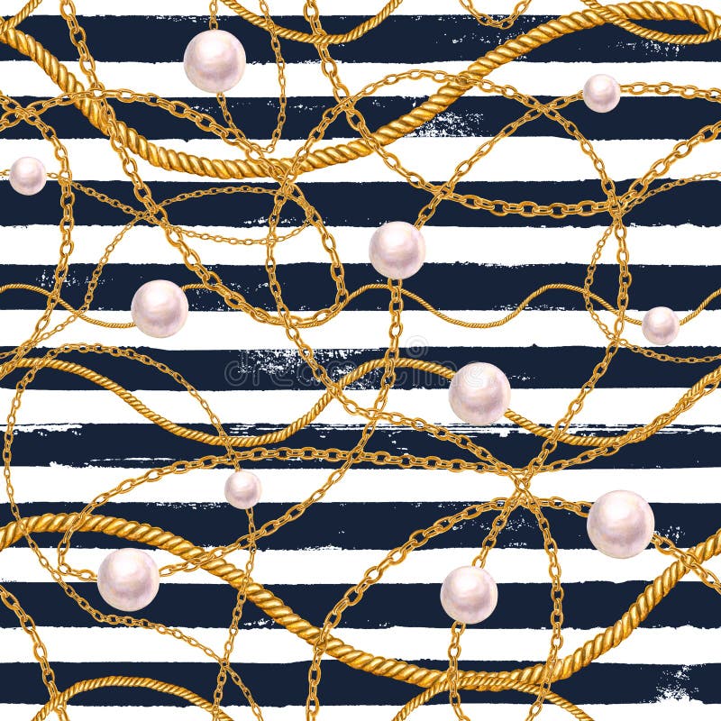 Golden chain glamour seamless pattern illustration. Watercolor hand drawn fashion texture with different golden chains on stripe background. Watercolour print for textile, fabric, wallpaper, wrapping. Golden chain glamour seamless pattern illustration. Watercolor hand drawn fashion texture with different golden chains on stripe background. Watercolour print for textile, fabric, wallpaper, wrapping